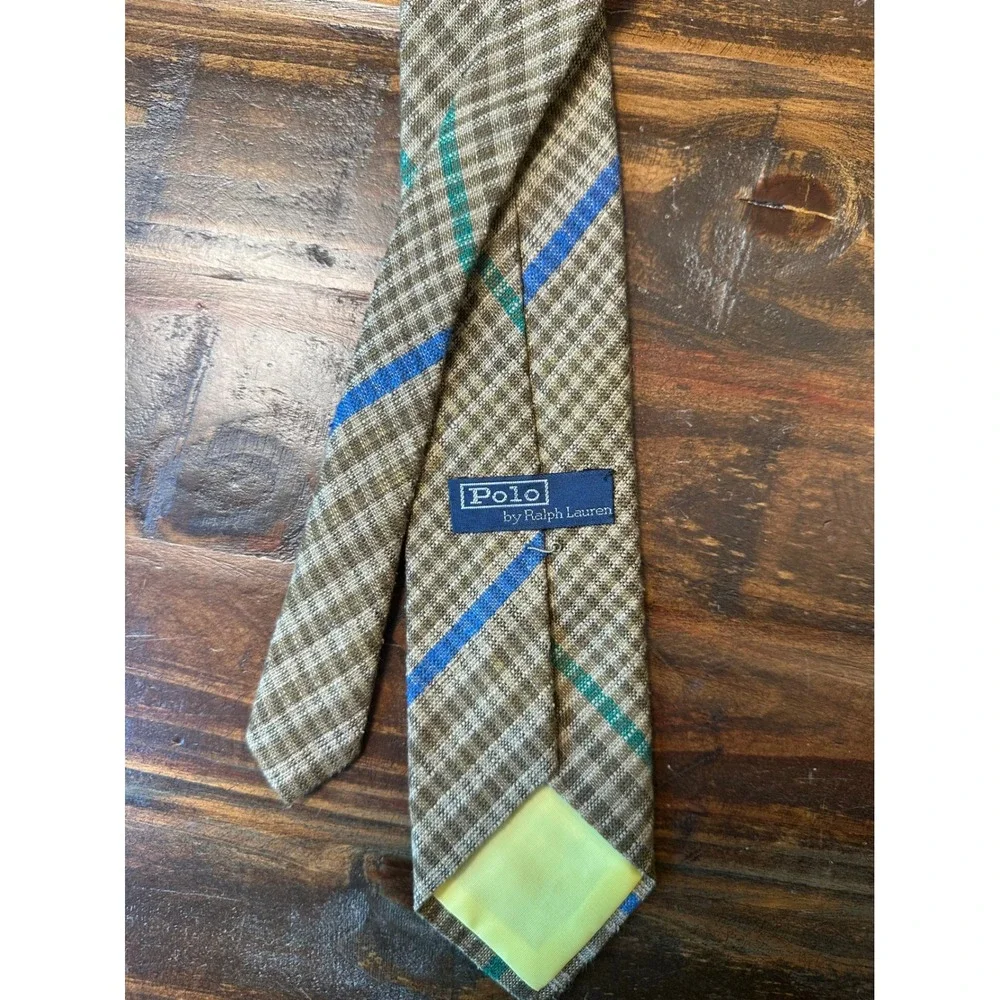 Polo Ralph Lauren Brown Plaid Linen Silk Striped Tie RN 41381 Mens Classic Width